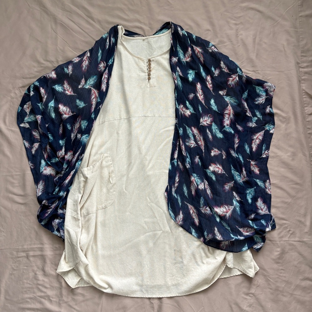 Linen Blend Tunic & Feather Kimono Set | Layered Boho‎ Capsule Outfit | 2XL + OS